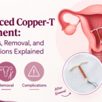 Misplaced Copper-T treatment illustration showing symptoms, removal, and possible complications, with a medical uterus diagram and Copper-T IUD.