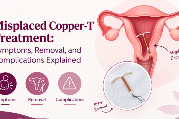 Misplaced Copper-T treatment illustration showing symptoms, removal, and possible complications, with a medical uterus diagram and Copper-T IUD.