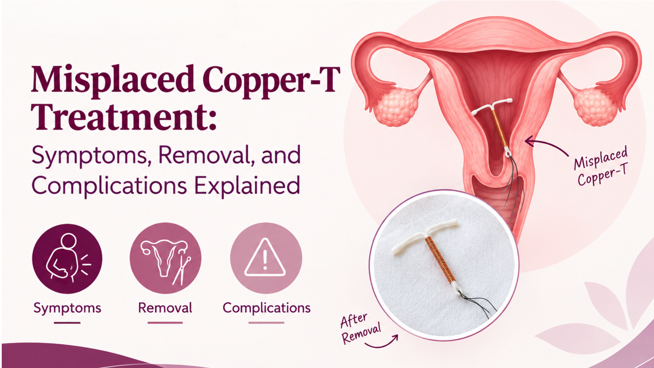 Misplaced Copper-T treatment illustration showing symptoms, removal, and possible complications, with a medical uterus diagram and Copper-T IUD.