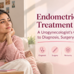 Endometriosis treatment in India guide showing a woman experiencing pelvic discomfort alongside a medical illustration of the uterus, covering diagnosis, surgery and recovery.