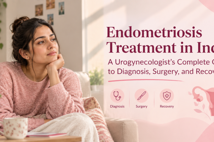 Endometriosis treatment in India guide showing a woman experiencing pelvic discomfort alongside a medical illustration of the uterus, covering diagnosis, surgery and recovery.