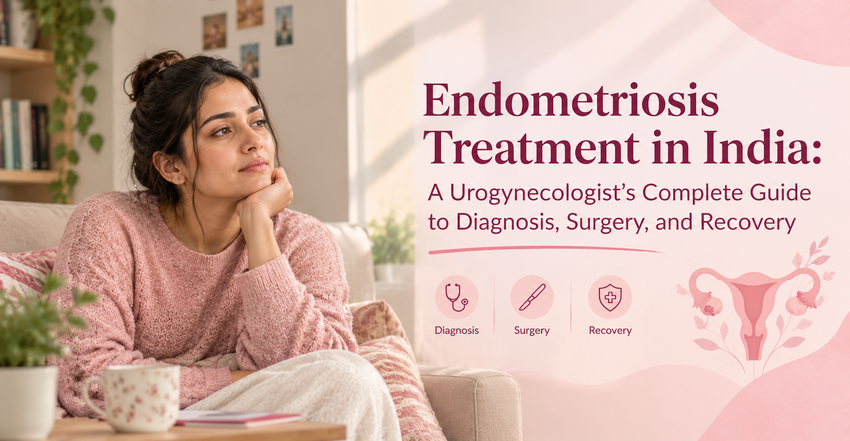 Endometriosis treatment in India guide showing a woman experiencing pelvic discomfort alongside a medical illustration of the uterus, covering diagnosis, surgery and recovery.
