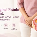 Vesicovaginal fistula treatment and VVF repair surgery infographic showing a woman with a pelvic anatomy illustration highlighting the bladder, fistula, and vagina, along with the recovery process.