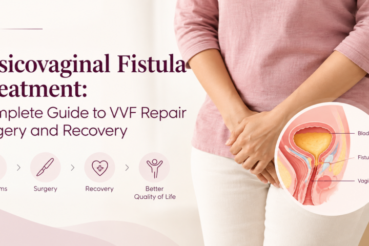 Vesicovaginal fistula treatment and VVF repair surgery infographic showing a woman with a pelvic anatomy illustration highlighting the bladder, fistula, and vagina, along with the recovery process.