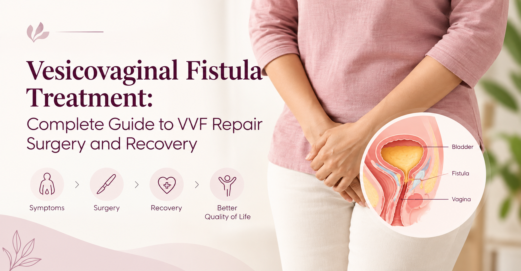 Vesicovaginal fistula treatment and VVF repair surgery infographic showing a woman with a pelvic anatomy illustration highlighting the bladder, fistula, and vagina, along with the recovery process.